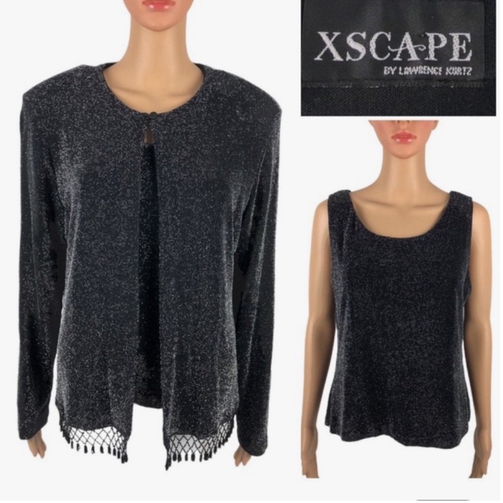 Xscape Women's Black Twin Set Tank Top Jacket Black and Silver Sz Small